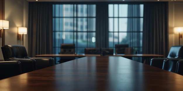 a long table with a large window behind it