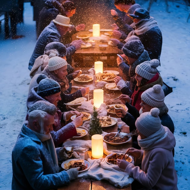 Photo a long table with a lot of people eating food and one has a white hat on it