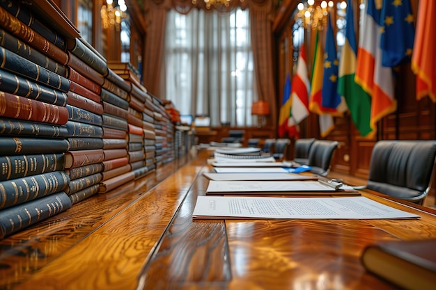 Photo a long table with many books and papers on it