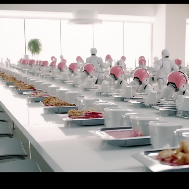 Photo a long table with many containers of food on it