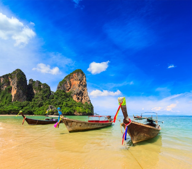 Long tail boats on beach, Thailand