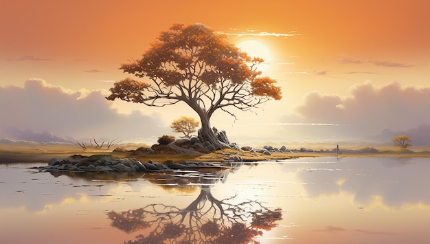 a long tree stands on the landscape at sunset