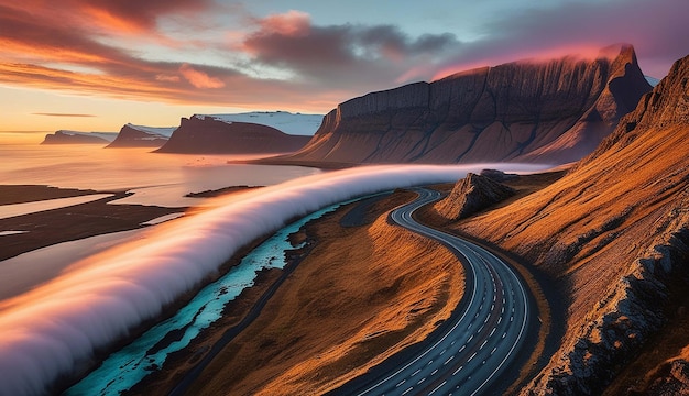 a long wave of water is coming out of a cliff