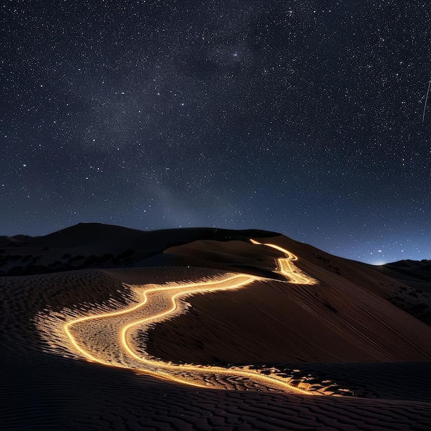 A long winding road is lit up with glowing lights creating a sense of mystery