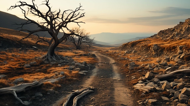 Photo a long winding road surrounded by dry trees