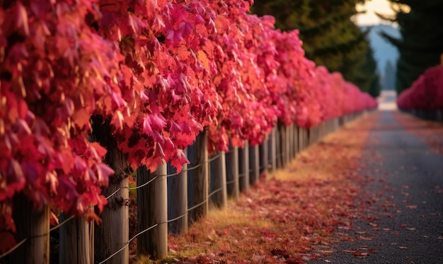 Long wooden fence with trees colorful leaves Beautiful autumn Generative AI