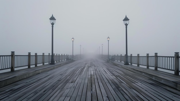 A long wooden pier stretches out into the misty distance The wooden planks are wet from the rain and the railings are lined with benches