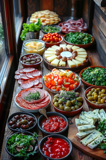 Photo long wooden table full of plates with different cold cuts and sausages cheeses and various pickles