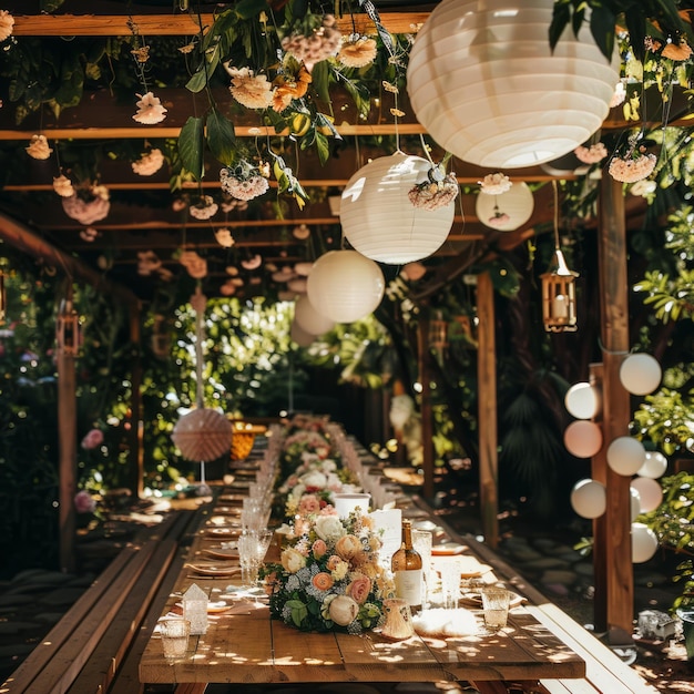 Photo a long wooden table set for an outdoor dinner party decorated with flowers and paper lanterns