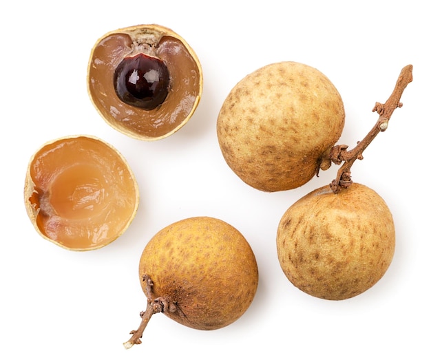 Longan fresh whole and half on a white background isolated Top view