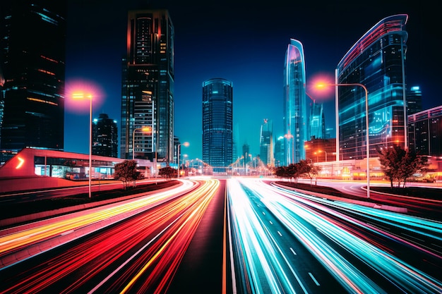 Longexposure photograph capturing a bustling highway or main street in a contemporary or futuristic