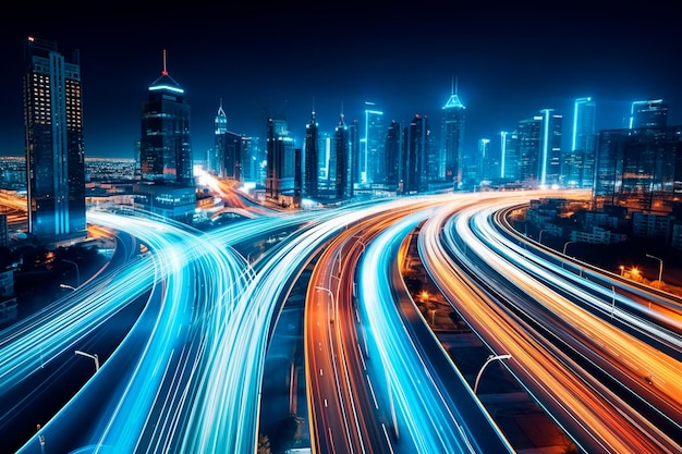 Longexposure photograph capturing a bustling highway or main street in a contemporary or futuristic