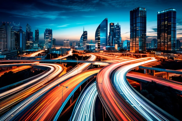 Longexposure photograph capturing a bustling highway or main street in a contemporary or futuristic