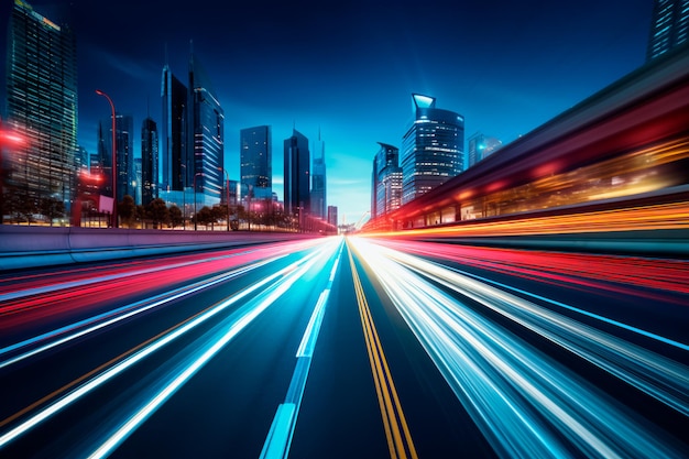 Longexposure photograph capturing a bustling highway or main street in a contemporary or futuristic