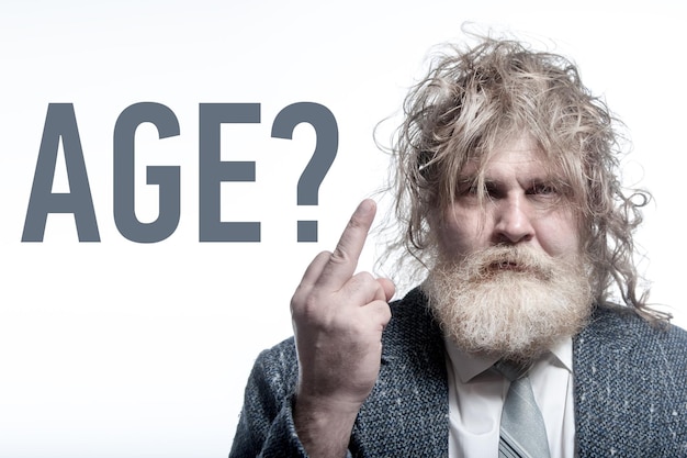 The longhaired bearded old man showing middle finger with the words Age