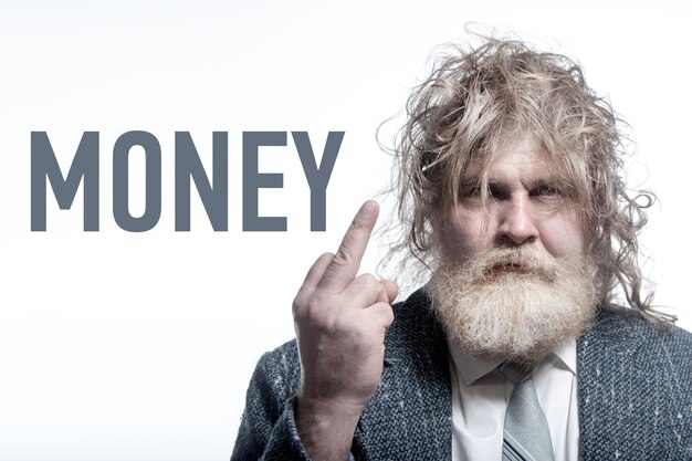 The longhaired bearded old man showing middle finger with the words Money