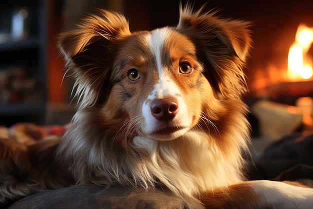 Longhaired brown dog that sits with a tongue generative IA