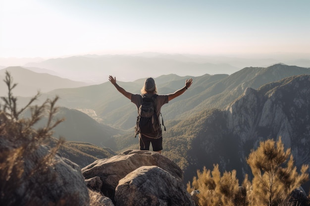 Longhaired man on top of a mountain tourism summer vacation generative ai