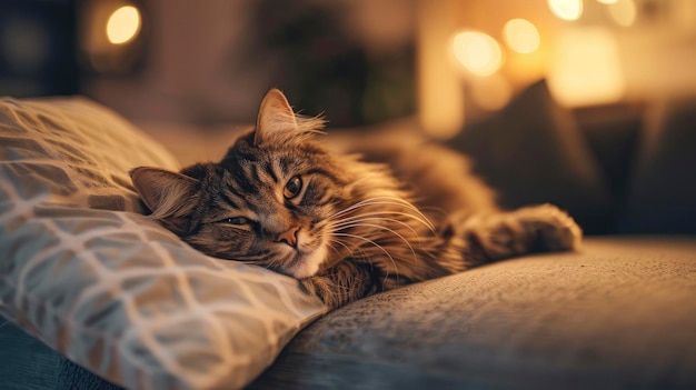 Longhaired tabby cat lounging on a cozy sofa warm living room with soft ambient lighting peaceful and relaxed atmosphere detailed and sharp hd quality ar 169 Job ID 9f037d2900fb49d59c6b7ab2fbb6ff99