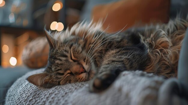 Longhaired tabby cat sleeping lounging on a cozy sofa warm living room with soft ambient lighting