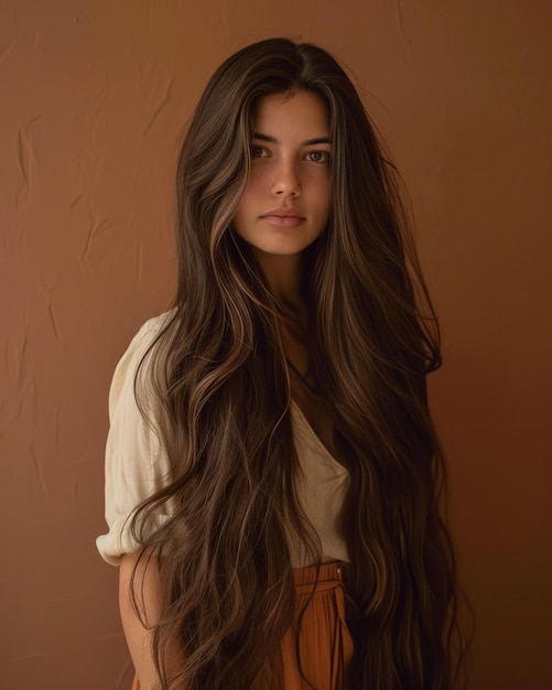 Photo longhaired woman posing by brown wall