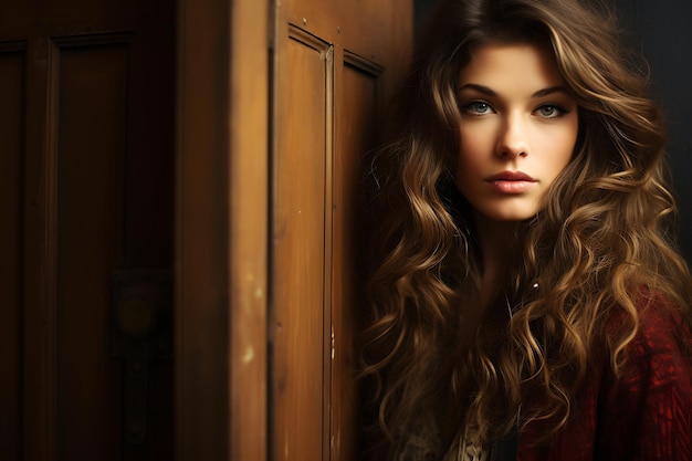 Photo longhaired young model poses on metal door background