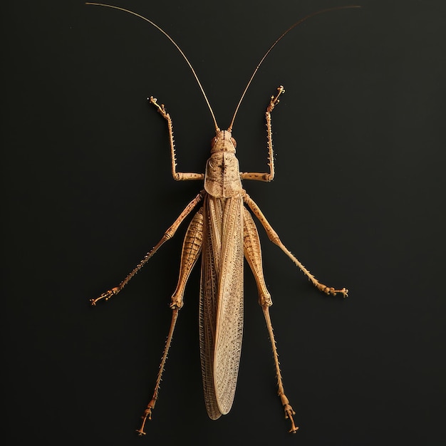 a Longheaded Toothpick Grasshopper on dark Background top view