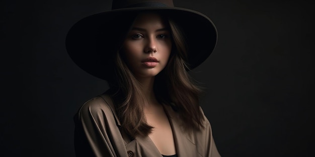 A longlegged brunette fashion model girl in a widebrimmed hat