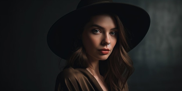 A longlegged brunette fashion model girl in a widebrimmed hat