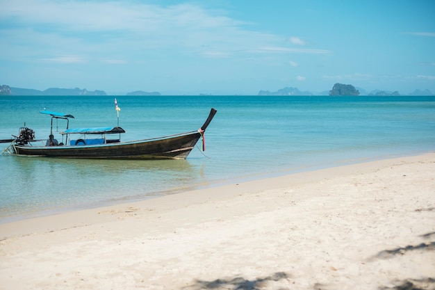 Longtail boat on Tubkaak beach ready to Hong island Krabi Thailand landmark destination Southeast Asia Travel vacation and holiday concept