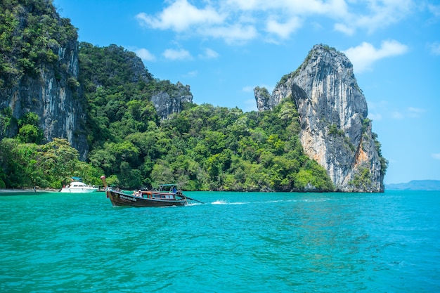 Longtail boats in the sea near Hong island in Krabi Province Th