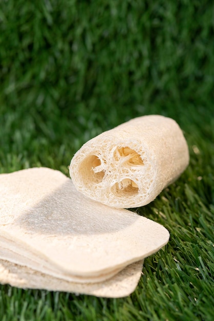 Loofah sponge  close up, mockup. Green grass.nature background. Skincare beauty product.