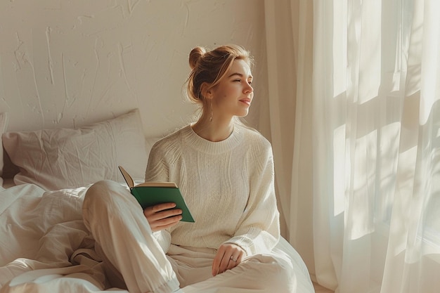 Photo looking away from the camera in light minimal interior 40yearold woman with blonde hair light biege background