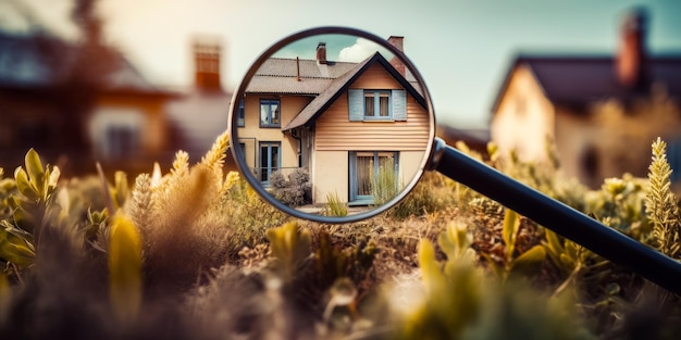 Looking closer at the cottage through the magnifying glass Real estate purchase concept Generative AI