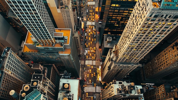 Looking down at the bustling streets of New York City with its iconic yellow taxis and towering skyscrapers