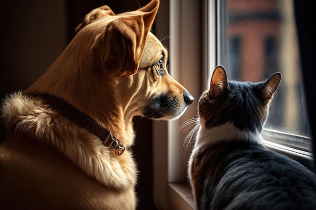 Looking out the window together a dog and a cat are the best of friends