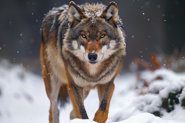 Looking through snow a wolf is walking by high quality high resolution