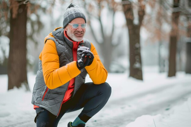 Photo looking at the time before running one man senior adult guy preparing for jogging outdoors in park