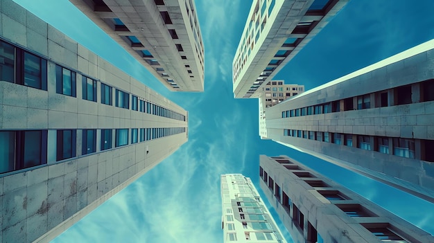 Looking up at a group of skyscrapers against a blue sky