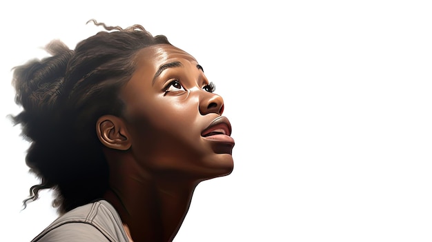 Looking Up Half Portrait of African American Woman with Beautiful Dark Skin Looking Up with