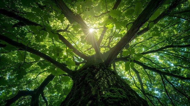 Photo looking up at the lush green canopy of a majestic tree in the forest