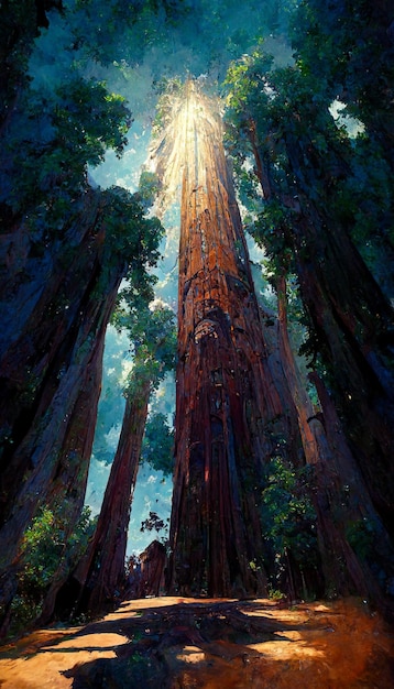 Looking up at a massive redwood tree dramatic lighiting