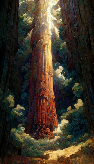 Looking up at a massive redwood tree dramatic lighiting