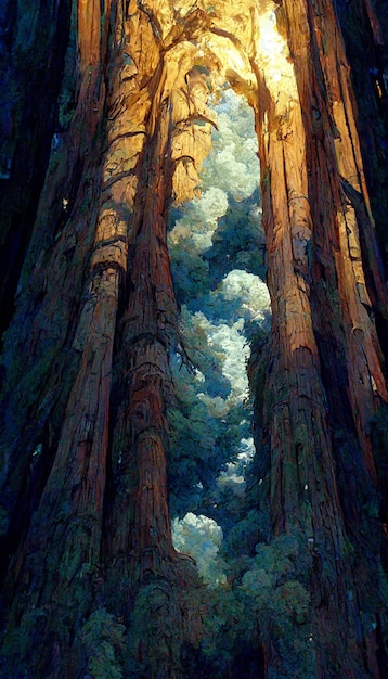 Looking up at a massive redwood tree dramatic lighiting