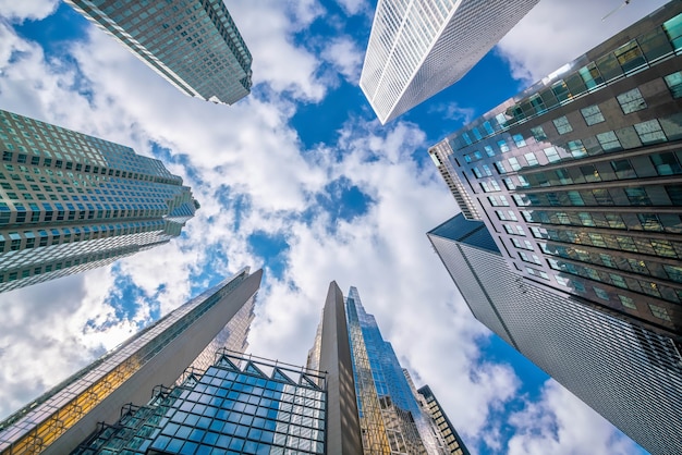 Looking up shot of downtown financial district with skyscrapers in  Toronto Canada.