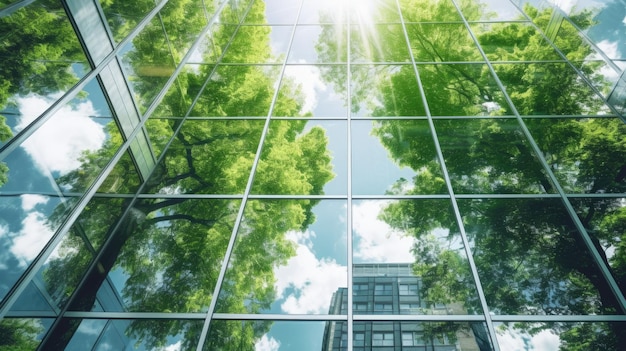 Looking up to the sky close up view of office windows with reflection of green tree environment Generative AI image weber