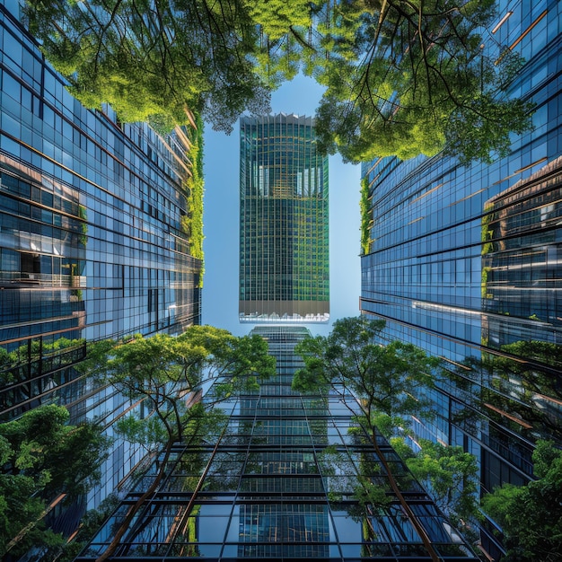 Looking up at skyscrapers surrounded by vibrant greenery in an urban environment during a clear sunny day