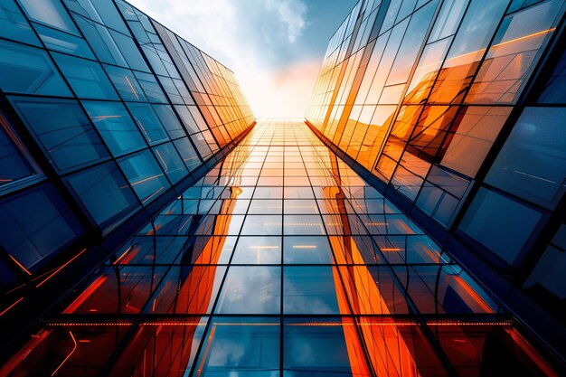 looking up at a tall building with glass windows