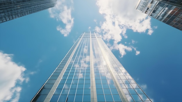 Looking up view of a tall building with blue sky and clouds