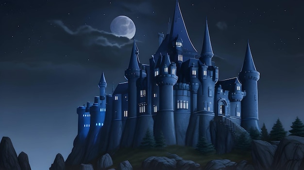 A looming and mysterious castle mansion illuminated by a full moon generated by AI